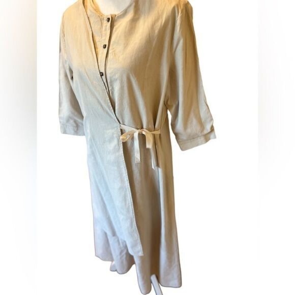 Anthropologie Mauve Brand Lagenlook Cotton Khaki Dress Button Front Tied Overlay - Picture 3 of 14